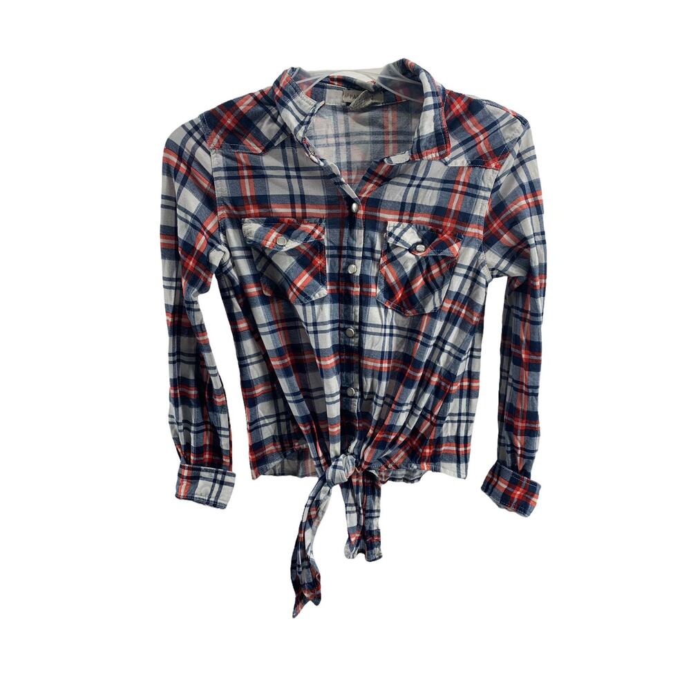 Passport Girls' Blue Orange Plaid Tie Waist Button Down Top Youth Size Small